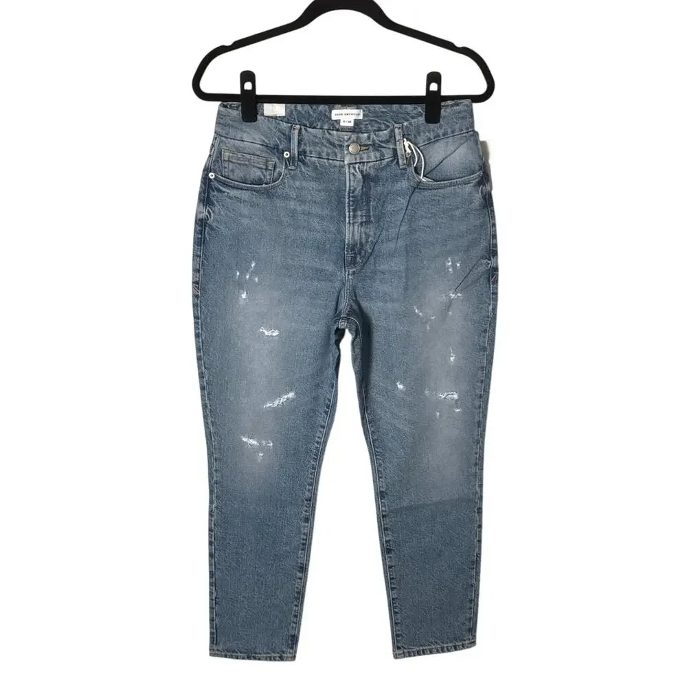 NWT Good American‎ Good Classic High Rise Distressed Jeans Medium Wash Sz 6/28